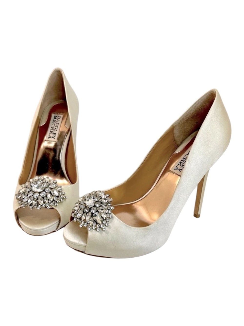 Badgley Mischka 'Jeannie' Crystal Trim Open Toe Ivory Satin Pump size 6
